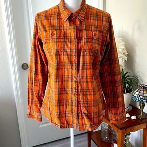 Cabela’s Orange Plaid Button Down Shirt Cotton / Spandex Front Pockets Unisex